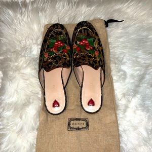 GUCCI Lurex Princetown Jacquard Leopard Embroidered Princetown Mules Shoes SZ 40